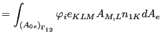 $\displaystyle = \int_{{(A_{0e})}_{\Gamma _{12}}} \varphi_i e_{KLM} A_{M,L} n_{1K} dA_e$