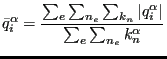 $\displaystyle \bar{q}^{\alpha}_i=\frac{\sum_e \sum_{n_e} \sum_{k_n} \vert{q}^{\alpha}_i \vert}{\sum_e \sum_{n_e} k_n^{\alpha}}$